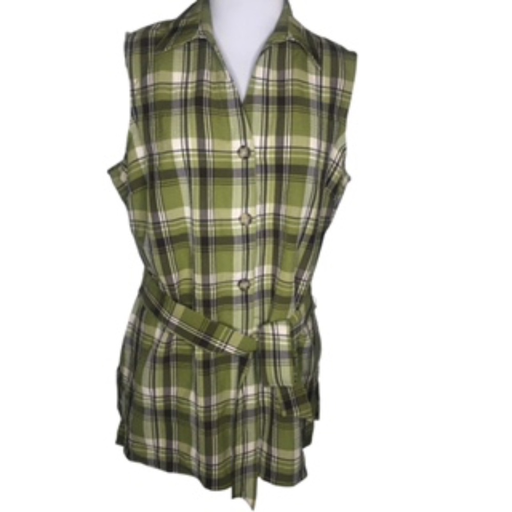 NWOT White Stag Sleeveless Belted Button Front Plaid Fabric Tunic Top Size XL